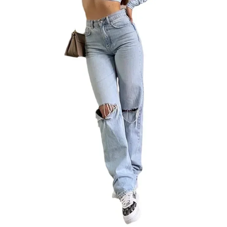 2024 New Style High-Waisted Straight-Leg Jeans Light Blue Dressed Trousers Women's Commuting Denim Pants With Rips