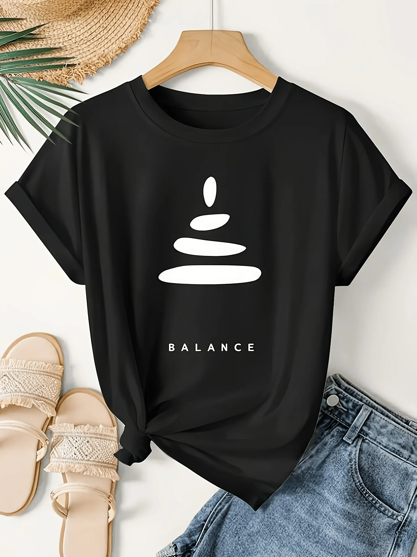 Yoga Balance Stone and Letter Pattern T-Shirt, Light Beige Casual Short-Sleeved Top, Loose Fit, Suitable for Yoga, Vacation, and Everyday Wear, Machine Washable, Comfortable for All Seasons, a Must-Have Holiday Outfit for Fashion Enthusiasts, Seasonal Fashion, Fun Design, Holiday Clothing, Comfortable to Wear, Stretchy and Slim-Fitting