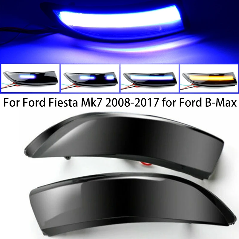

Для Ford Fiesta Mk7 и B-Max с 2008 по 2017 год. Динамическое боковое зеркало автомобиля с поворотным сигналом на базе LED, корпус в чёрном тёмном цвете, текущая лампа в цветах синий/желтый.