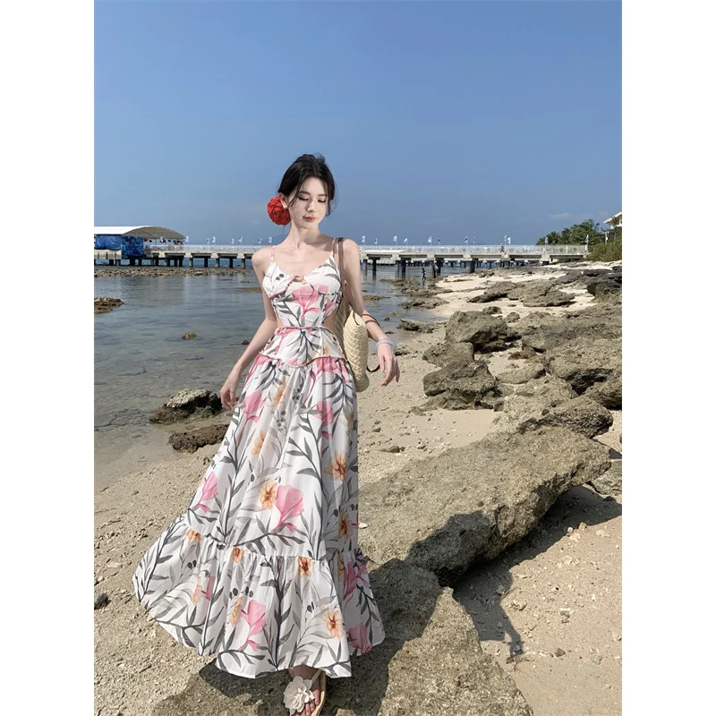 

French Romantic Printed Strap Summer New Elegant Goddess Waist Slimming V-neck Vacation Long Dress