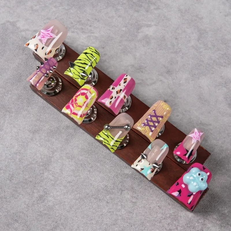 Handmade Medium Coffin Press On Nails Y2K Colorful Leopard Zebra Print 3D Cloud Fake Nails Punk Piercing Design Reusable Trendy
