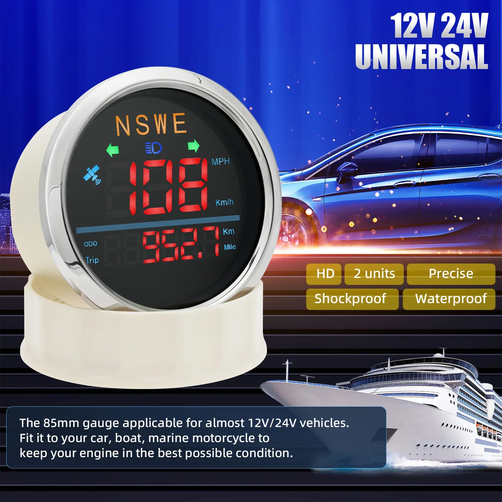 85mm Car GPS Speedometer Odometer TRIP KMH MPH Knot Compass NSWE With Turn Signals Speed Gauge for Car Boat Yacht Truck Moto