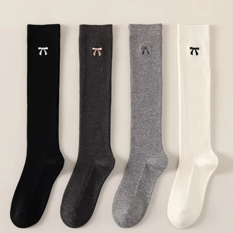 Elegant Bow Knot Embroidered Long Tube Socks for Women Spring Autumn Knee High Slimming Cotton Sweat Absorbent Socks