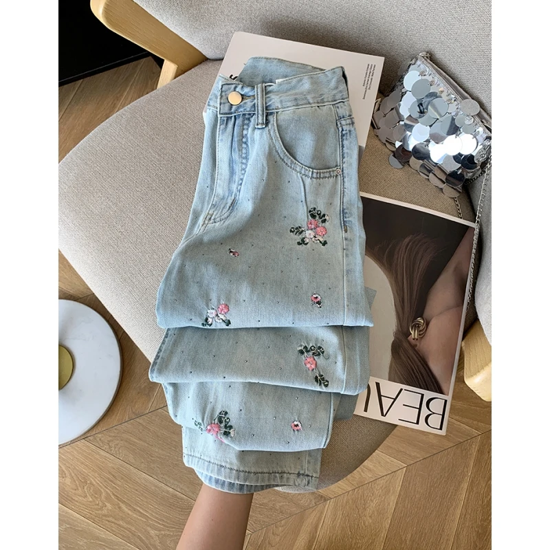 

Embroidery Blue Jeans Women High Waisted Baggy Pants American Female Fashion Streetwear Denim Y2K Straight Wide Leg Trouser