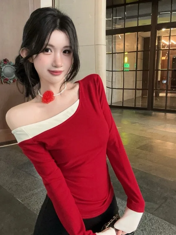 

New Year Red Color Blo Long Sve Base irt Fake Two-Piece T-irt oulder Baring Ne Accory Women's Faion Cotton ...