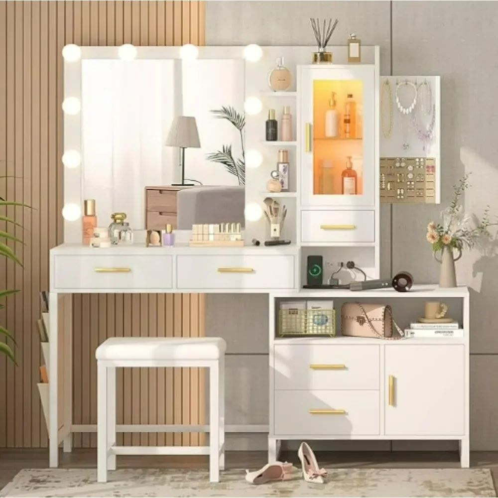 Aynalı ve Işıklı Beyaz Makyaj Masası, Şarj İstasyonlu ve LED Dolaplı Makyaj Masası Seti, Işıklı Makyaj Aynası