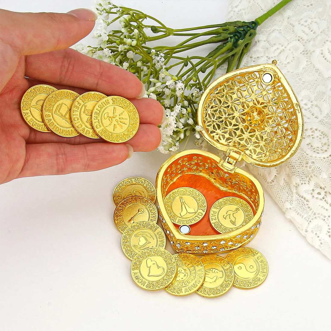 Juego de 13 Monedas Españolas de Arras para Boda, Monedas de la Unidad para Ceremonia Nupcial con Caja de Regalo en Forma de Corazón, Recuerdos para la Novia, Joyería