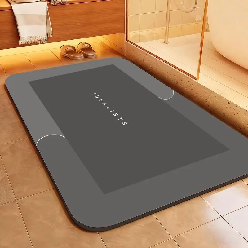 Ultra Absorbent Diatomite Bath Mat Quick Dry Non-Slip Minimalist Grey Border Stone Feel Shower Rug For Bathtub Entry Bathroom