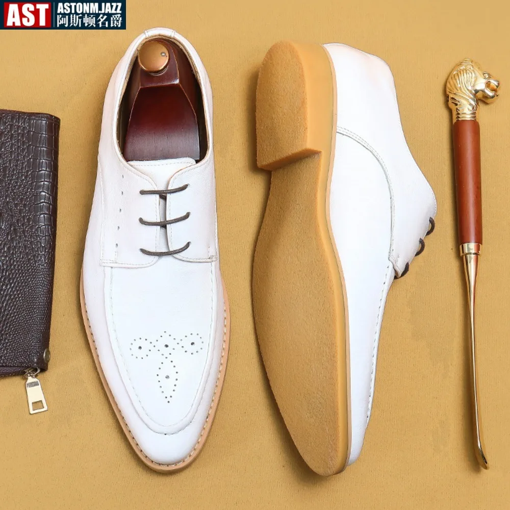 

White Mens Oxford Shoes Pointed Toe Genuine Calf Leather Luxury Brand Lace Up Business Office Brogue Dress Shoes For Men
