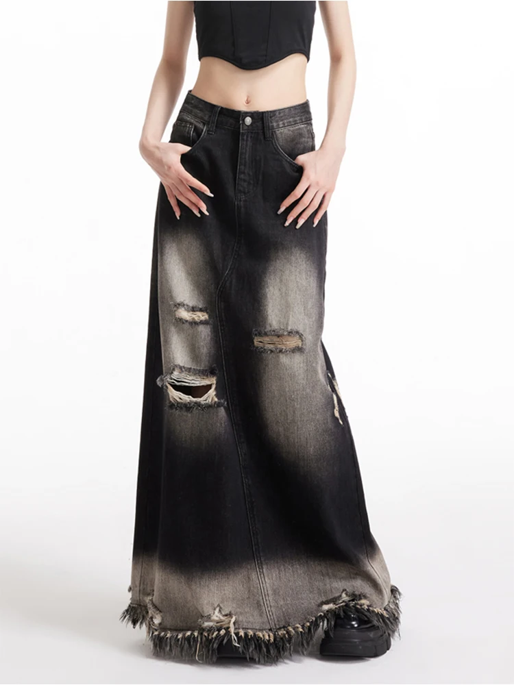 

Women's Black Gothic A-line Ripped Denim Skirt Vintage Aesthetic Y2k Jean Skirt Harajuku Korean Mini Cowboy Skirts 2000s Clothes