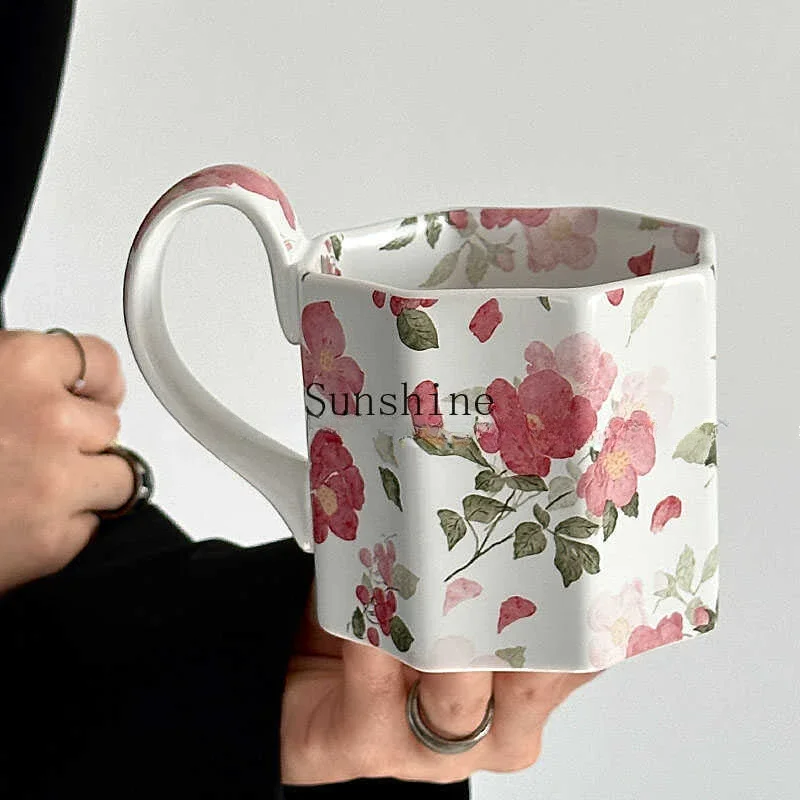 Oil painting pink rose ceramic coffee large capacity mark cup