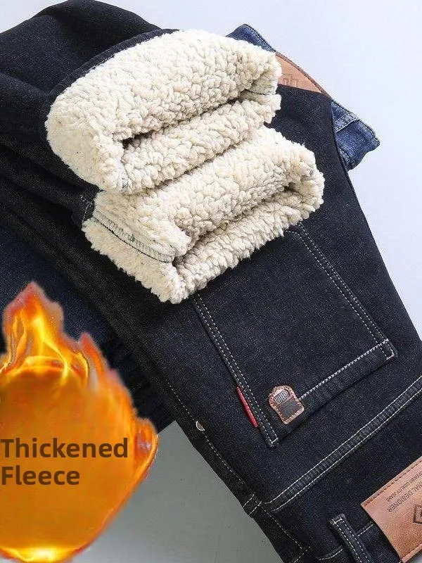 

Мужские утепленные джинсы на флисовой подкладке, зимние, теплые, свободного кроя, очень толстые, длинные брюки со средней посадкой и застежкой на шнурке