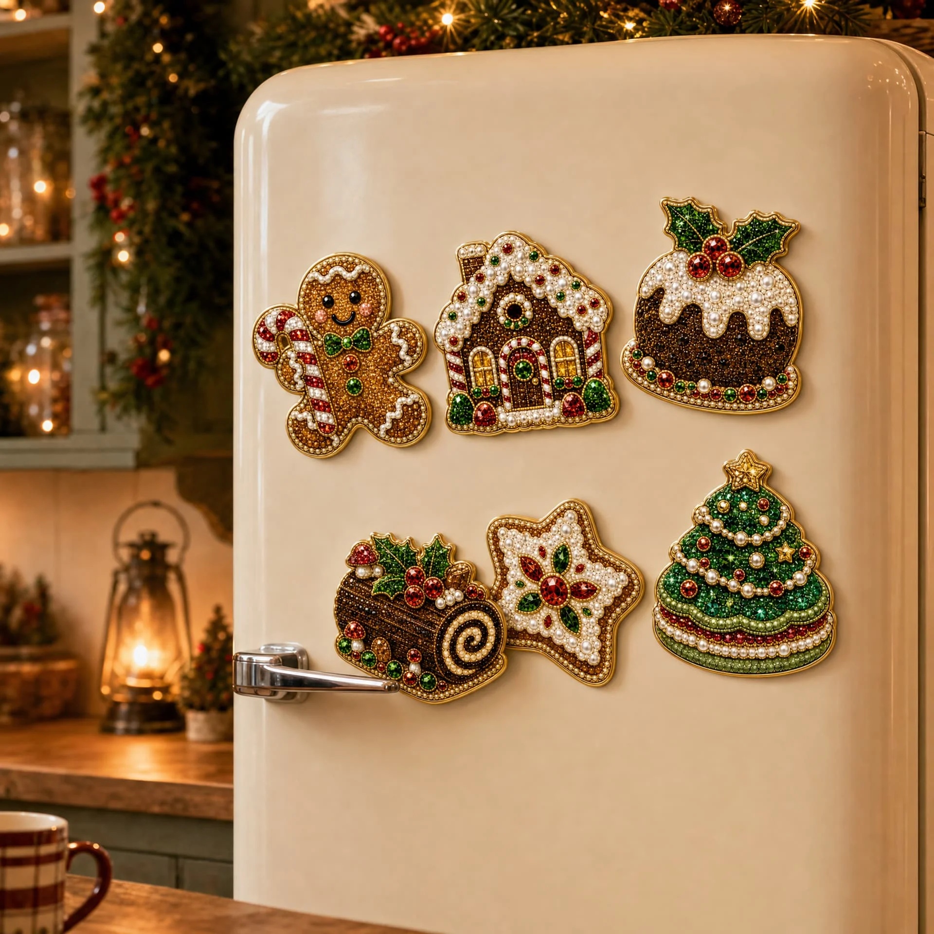 6PCS Christmas Tree Pearl Diamond Art Painting Fridge Magnets Kit DIY Diamond Art Painting for Holiday Home Decoration