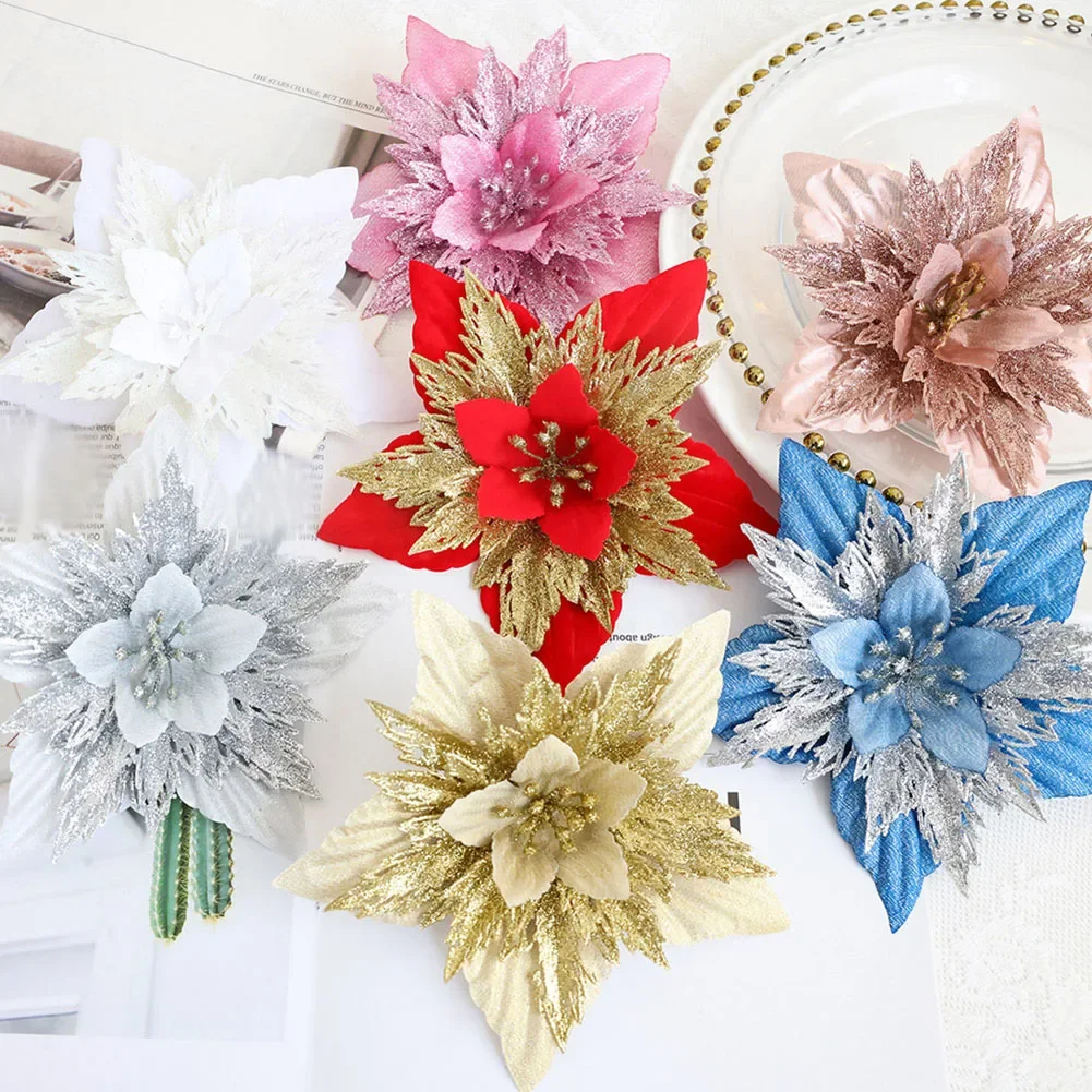 Sparkling Flowers Christmas Flower Christmas Tree Decoration Floral Hanging Ornaments Simulation Wreath Accessories New Hot Sale
