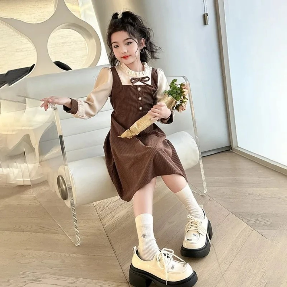 8-12 Year Old Girls and Teenagers Autumn New Casual Clothes Brown Long Sleeved Fake Two-piece Dress College Style