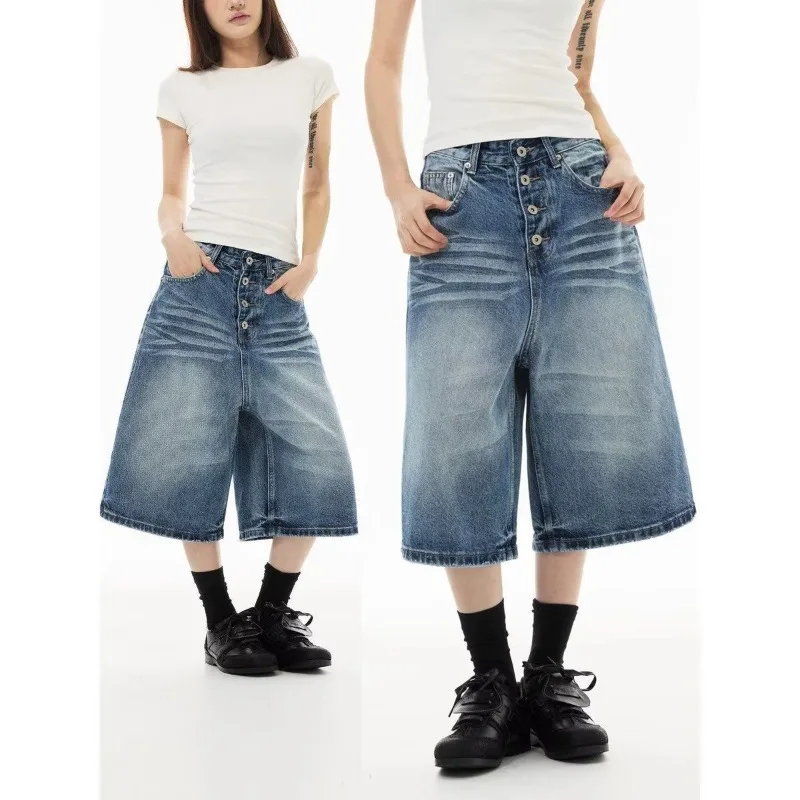 Summer Women's Cat Whisker Breasted Denim Shorts High Waist Half Trousers Wide Leg Streetwear Female Unisex Calf-length Pants