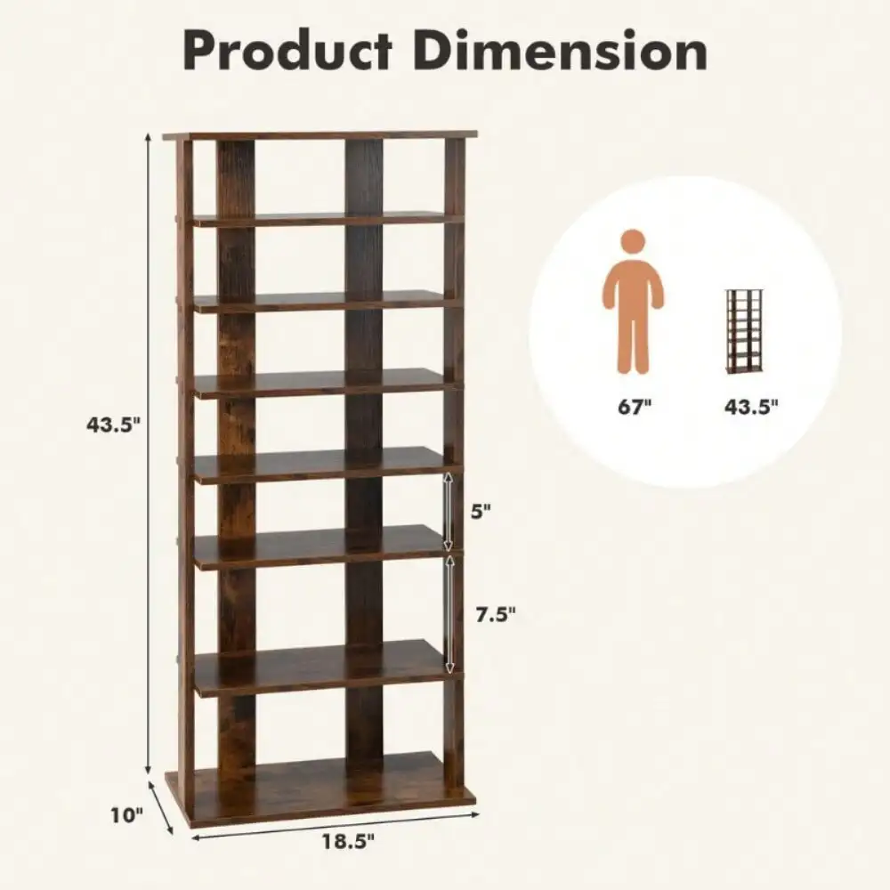 Wooden Shoe Storage Organizer 7-Tier Double Rows Shoe Rack Vertical Rustic Brown