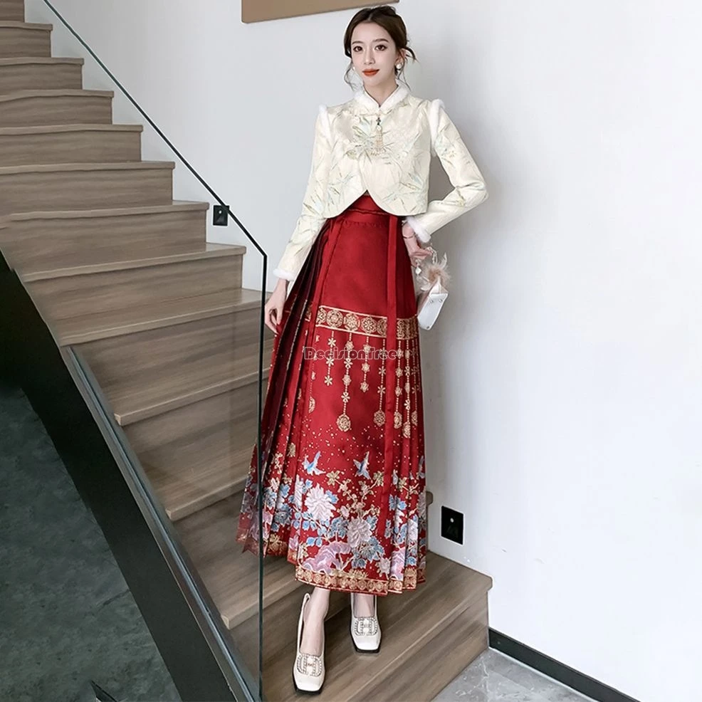 2024 Herfst Winter Chinese Stijl Ming-dynastie Clip Katoen Stand Kraag Lange Mouw Jas Plooirok Tweedelige Hanfu Set B279