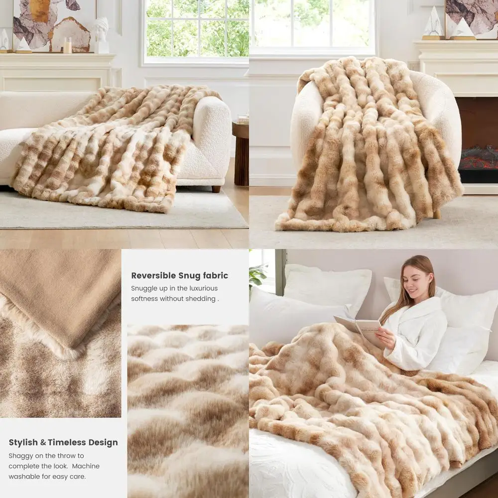 

Cozy Plush Faux Fur Throw Blanket, 50x60 Inches, Tie-Dye Beige for Sofa and Bedroom