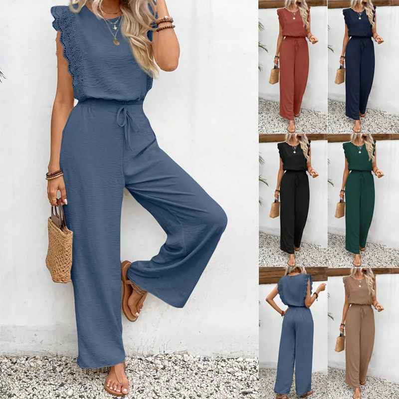 

2025 Summer FashionLace Splicing Two Piece Set Women Casual Round Neck Short Tops + High Waist Wide Leg Pants 2 Piece Suit