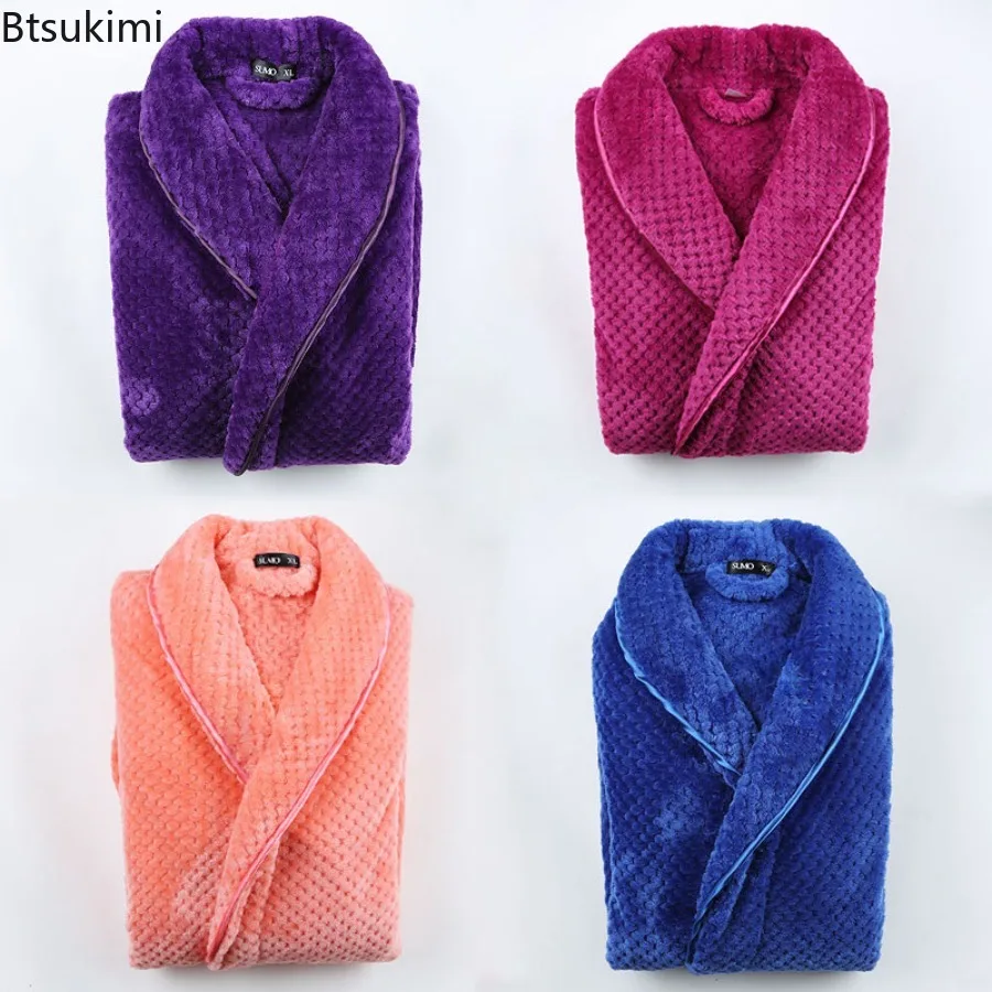 Autumn Winter Flannel Women Long Robe Nightgown Thicken Warm Bathrobe Sleepwear Men Loose Casual Fixed Waist Belt Home Bathrobe