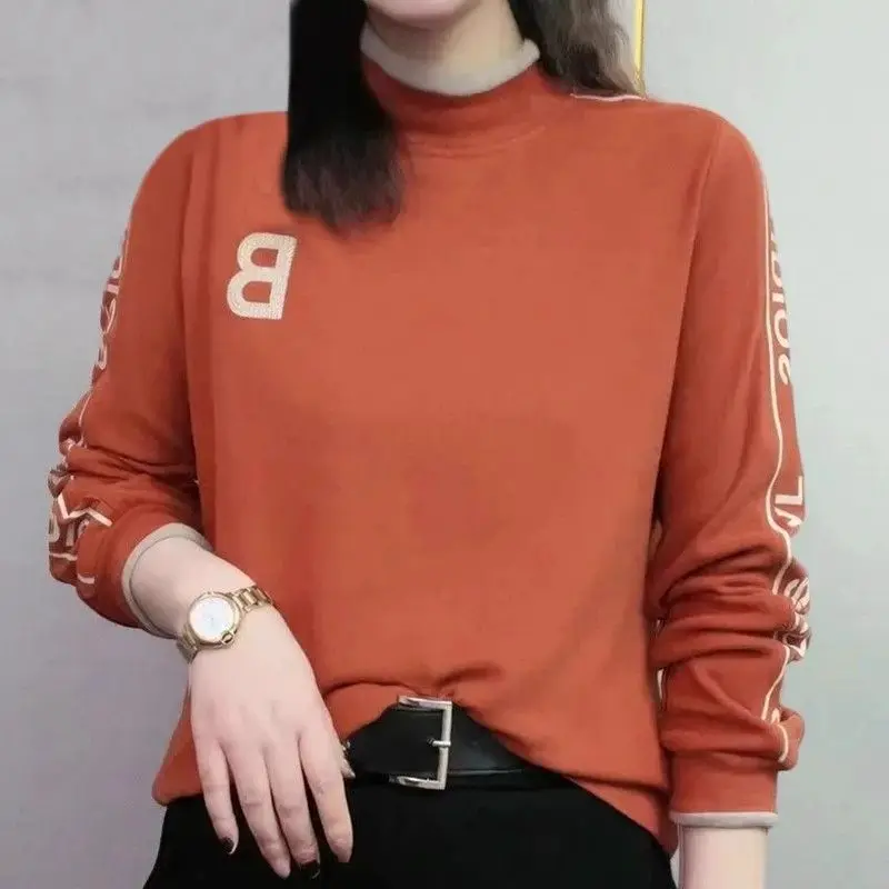 Long Sleeve Women's T-shirt Double-sided Fleece Design Sense Hotfix Letter Winter Fashion Belly Cover Top Versatile Small Shirt