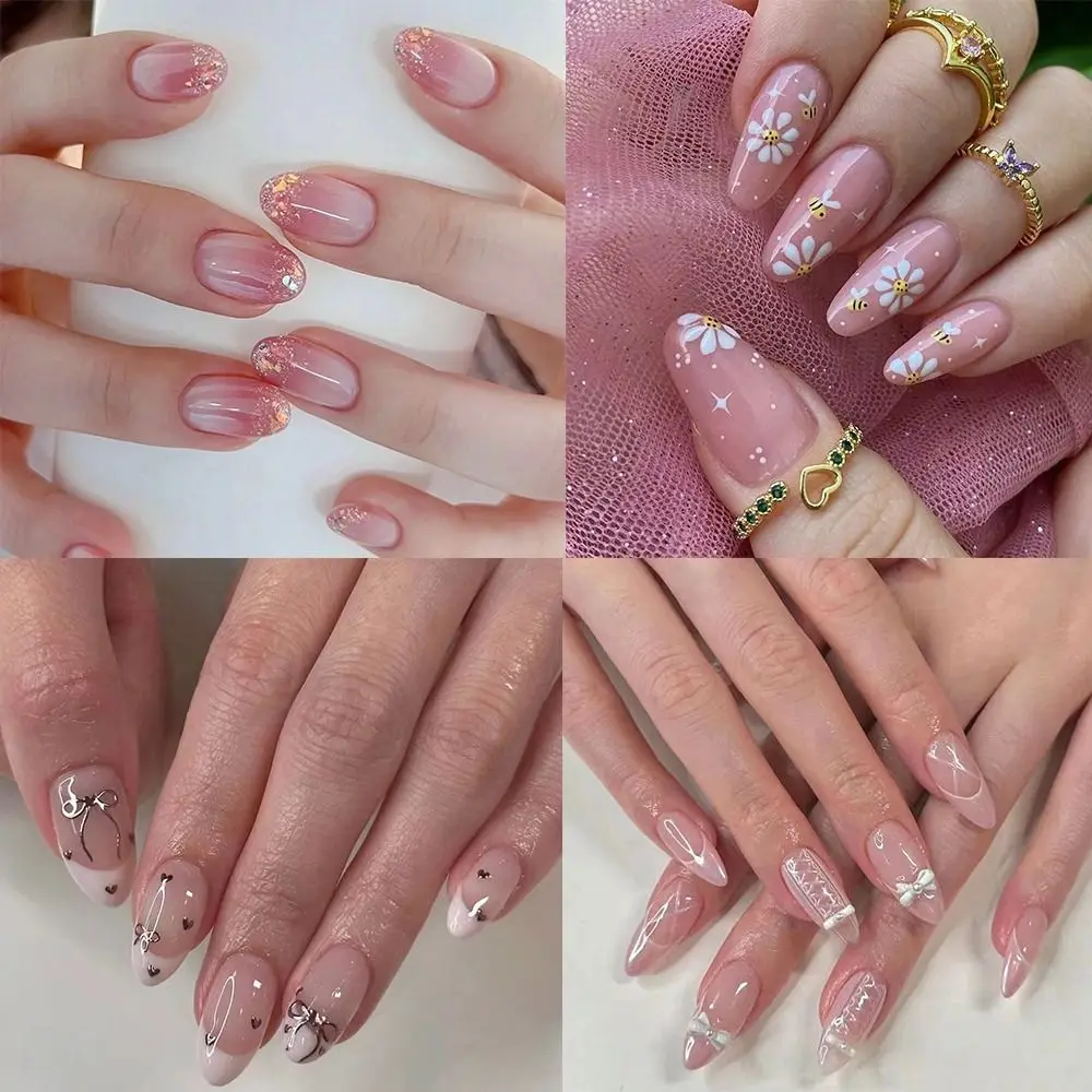 Unhas falsas francesas para mulheres, manicure, amêndoa longa, laço, pérola, verão, pressione nas unhas, gradiente de brilho