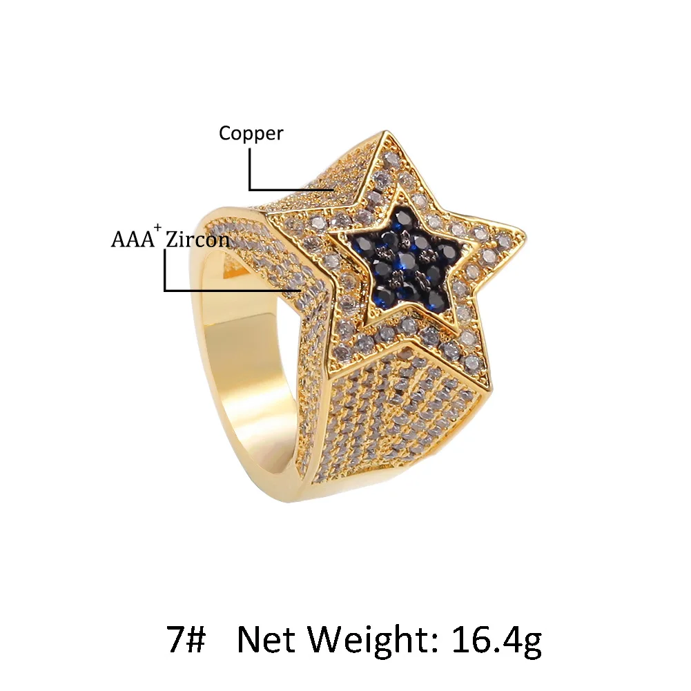 Hip Hop Jewelry Zircon StarRing Male Sapphire Pentagram New Fashion Iced Out  Bling Punk Party Ring  Trend Accessories for men