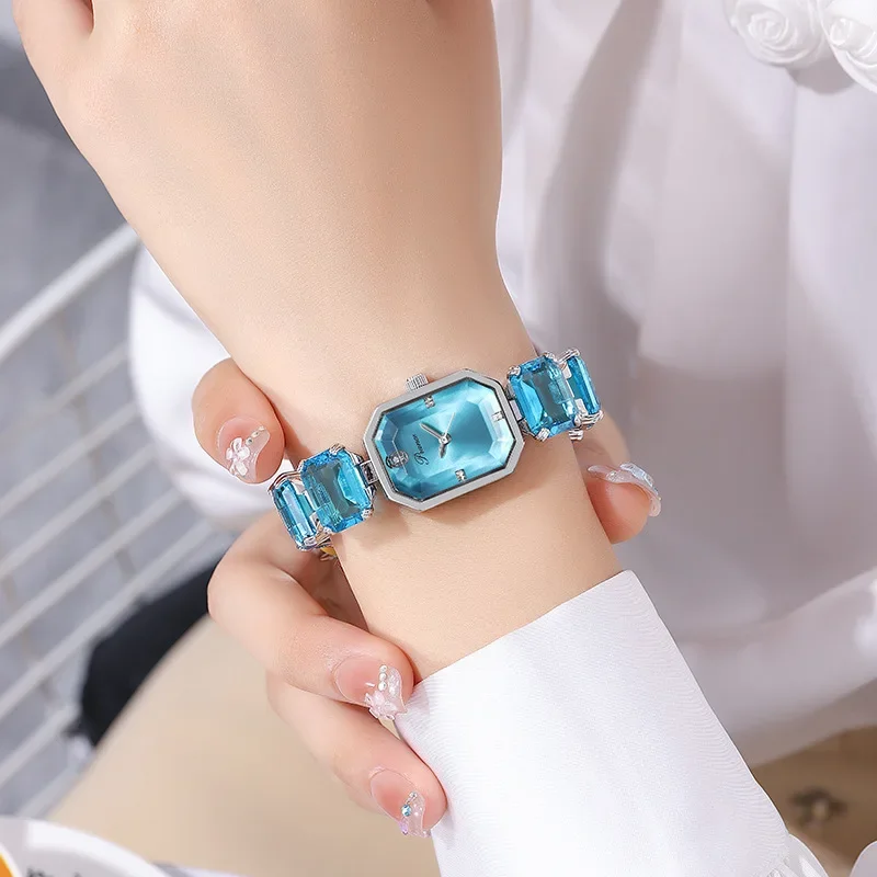 Fashion Brand Wrist Watch Women Girl Beautiful Rectangle Colorful Gems Design Steel Metal Band Clock