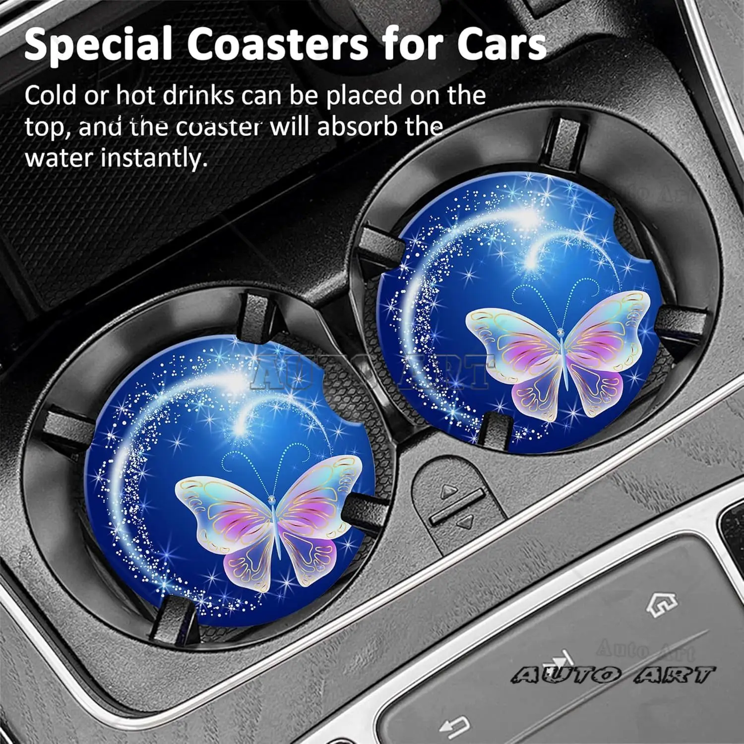 Car Cup Coaster Butterfly Glowing Firework Stars for Cup Holders Universal Non-Slip Ceramic Vehicle Interior Accessories 2 Pack