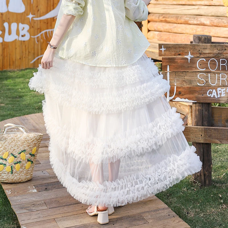 Heavy Industry Tierred Ruffles Skirt Women 2025 New Elastic High Waist A-Line Skirt with Liner Sweet Long Cake Skirt Trendy