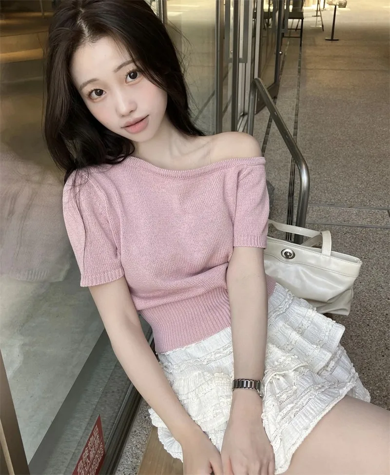 Slash Neck Off Shoulder Ropa Mujer Summer Knitted Camisetas Korean Ins Women 2024 Tops Simple All Match T Shirt Casual Tees