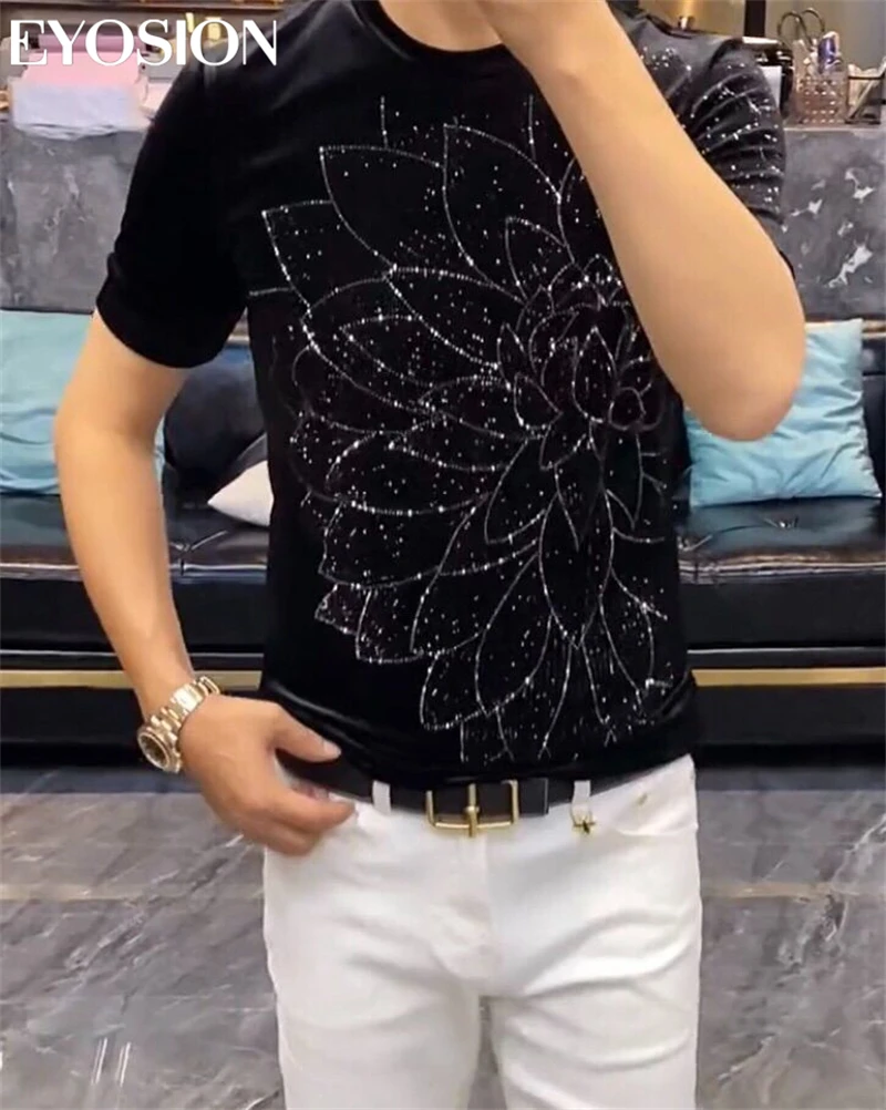 Summer Design Mens T-shirts Brilliant Rhinestone High Quality Mercerized Cotton Short Sleeves Tops Slim Fit Round Neck Tee