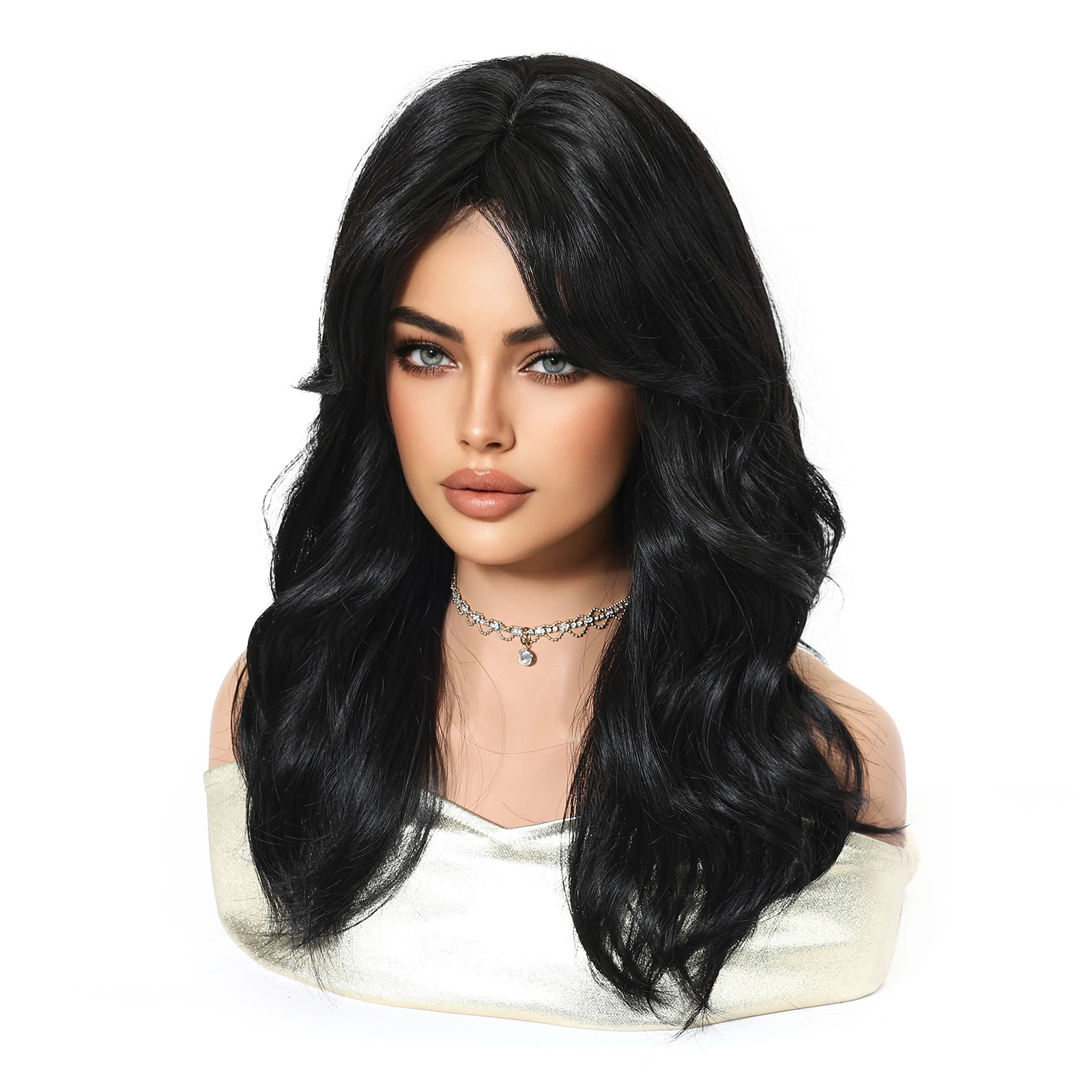 آلان إيتون طول الكتف موجة سوداء شعر مستعار اصطناعي الجزء الأوسط شعر مستعار للنساء اليومية تأثيري شعر مستعار شعر مستعار ارتفاع درجة الحرارة الألياف #3