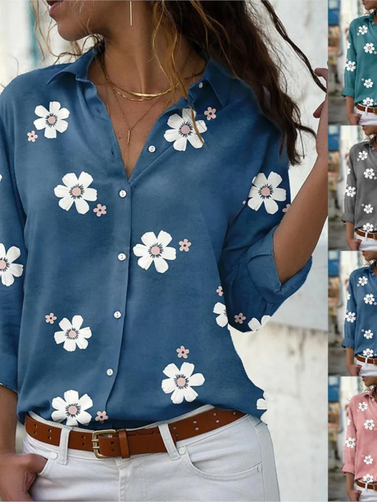 New Women\'s Spring Summer Fashion Floral Print Long Sleeved Sexy Slim Fit Casual Loose Button Lapel Long Sleeved Shirt