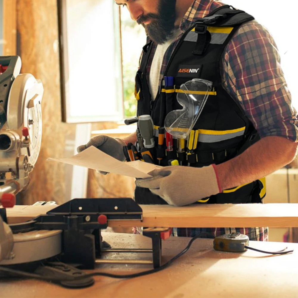 Tool Vest with Adjustable Straps, Tool Pockets, Belt Loops and Reflective Stripes, Heavy Duty Work Vest for Carpenter Constructi