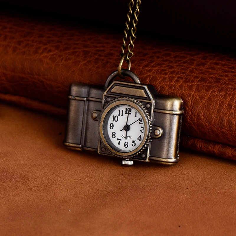 Bronze pocket watch Camera shape pocket watch Quartz watch long necklace hang watch alloy nostalgic pocket watch