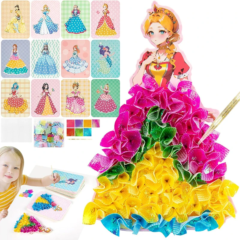 

Creative Princess Puzzle Puncture Painting Board with Pens Fabric Craft Kits for Kids Poking Drawing Dress Up Boards DIY Toys