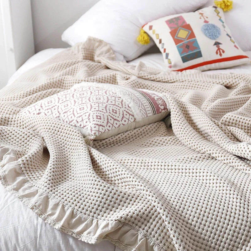 100% Cotton Soft Bed Plaid Home Japenese Knitted Blanket Corn Grain Waffle Embossed Summer Ruffles Warm Plaid Throw Bedspread