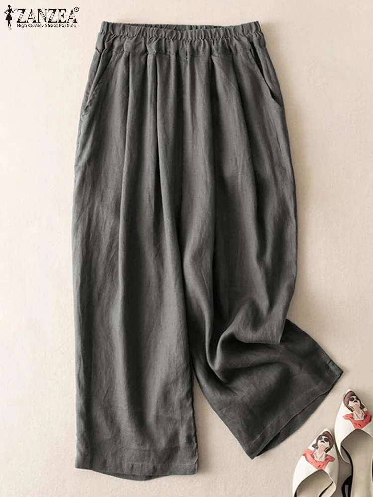 

ZANZEA Korean Solid Long Trousers Cotton Elastic Waist 2024 Summer Leisure Everyday Pantalon Commute Casual Women Harem Pants