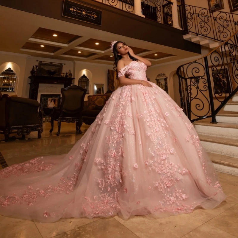 

Pink Shiny Ball Gown Quinceanera Dresses Applique Flower Beading Crystal Tull Corset Off Shoulder Sweet 16 Dress Vestidos 15 de