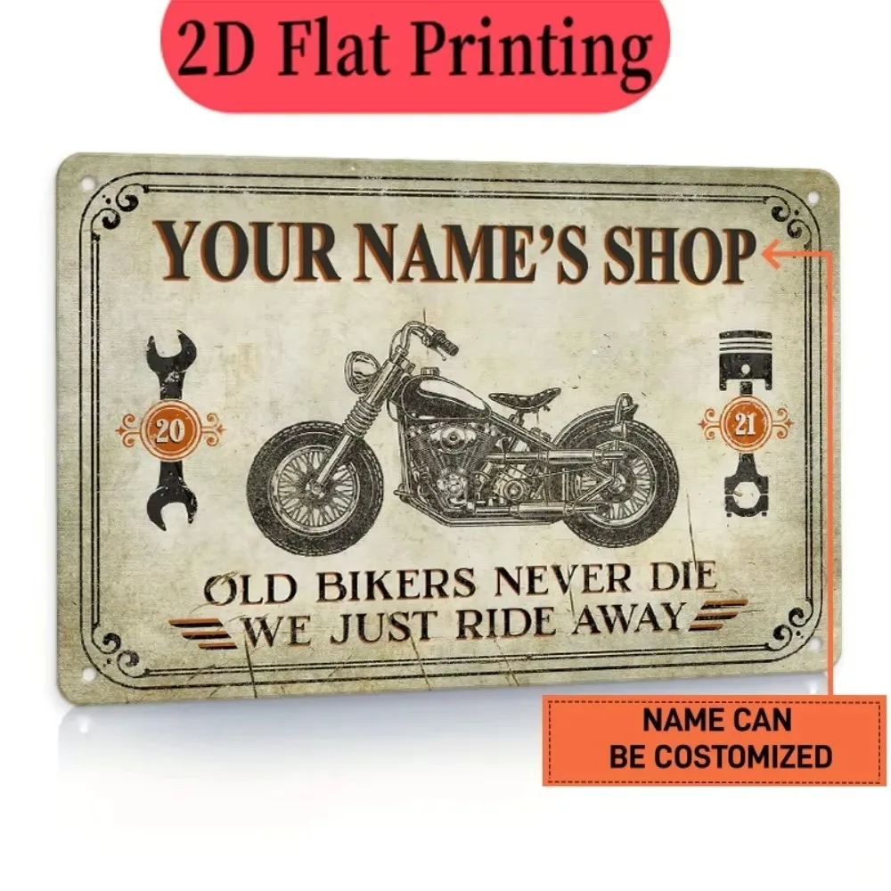 CIFbuy 2D Flat Custom Name Motorcycle Biker Shop Metal Sign, Vintage Mechanic Garage Wall Decor, Only For Decoration