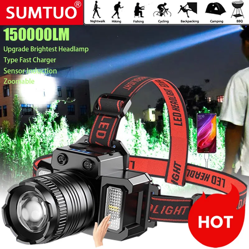 

Usb Rechargeable Headlamp Super Bright Head Lamp Motion Sensor Headlight 5 Lighting Modes Zoomable Head Lights Forehead Light