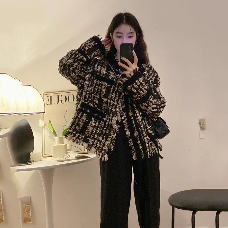 Autumn Winter 2025 New Heavy-Duty Woven Tassel Woolen Jackets Women Overcoat Loose Long-Sleeved Wool Short Coat Female Outwear