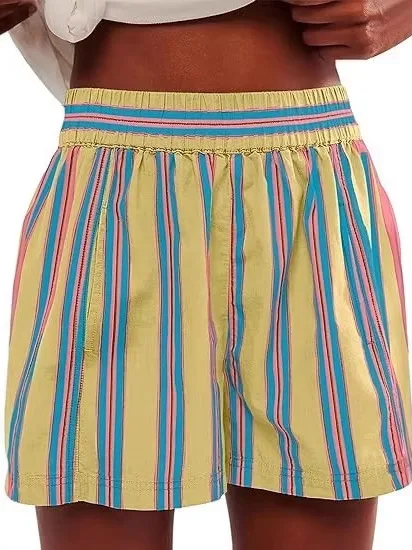 Casual Printed Stripe Elastic Waist Shorts Women's Straight Leg Pants Comfortable Polyester Fiber Summer Fashion Shorts