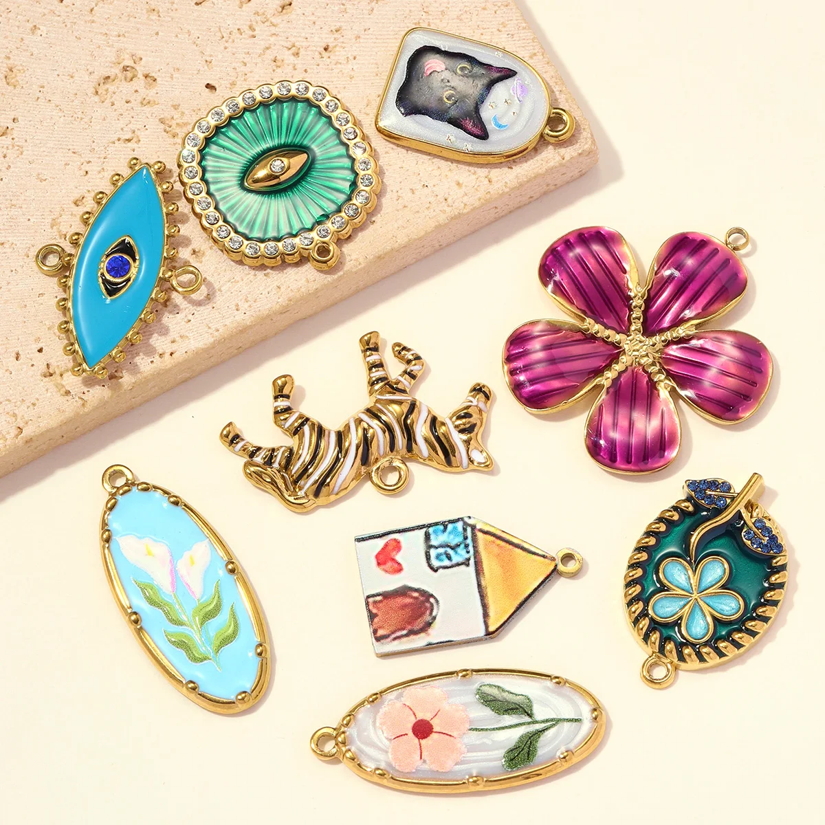 3pcs/Lot Stainless Steel Enamel Zebra House DIY Earring Charms Evil Eye Necklace Pendants Women Lily Flower Jewelry Wholesale