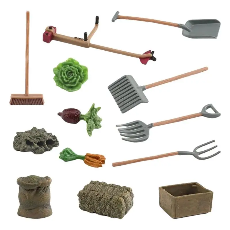 

G6KF 13Pcs Miniature Farm Scene Gardening Tools Vegetable Figurines Set For Dollhouses Accessories Outdoor Model Decors Craft