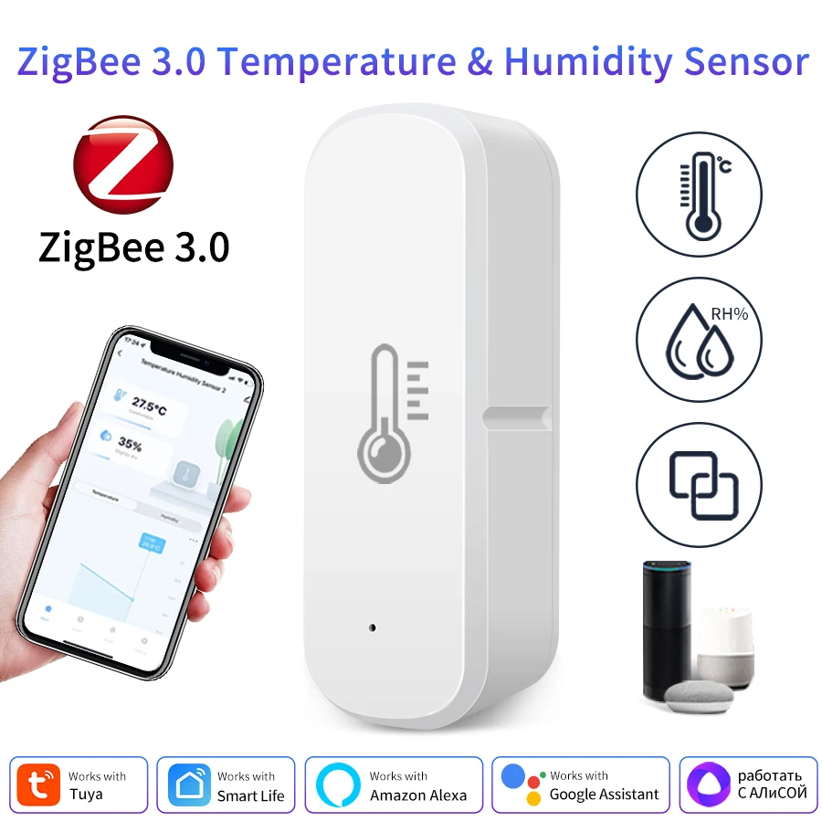 

Умный термогигрометр Tuya Zigbee 3,0, датчик температуры и влажности, работающий с Alexa Google Home Alice, термометр, гигрометр