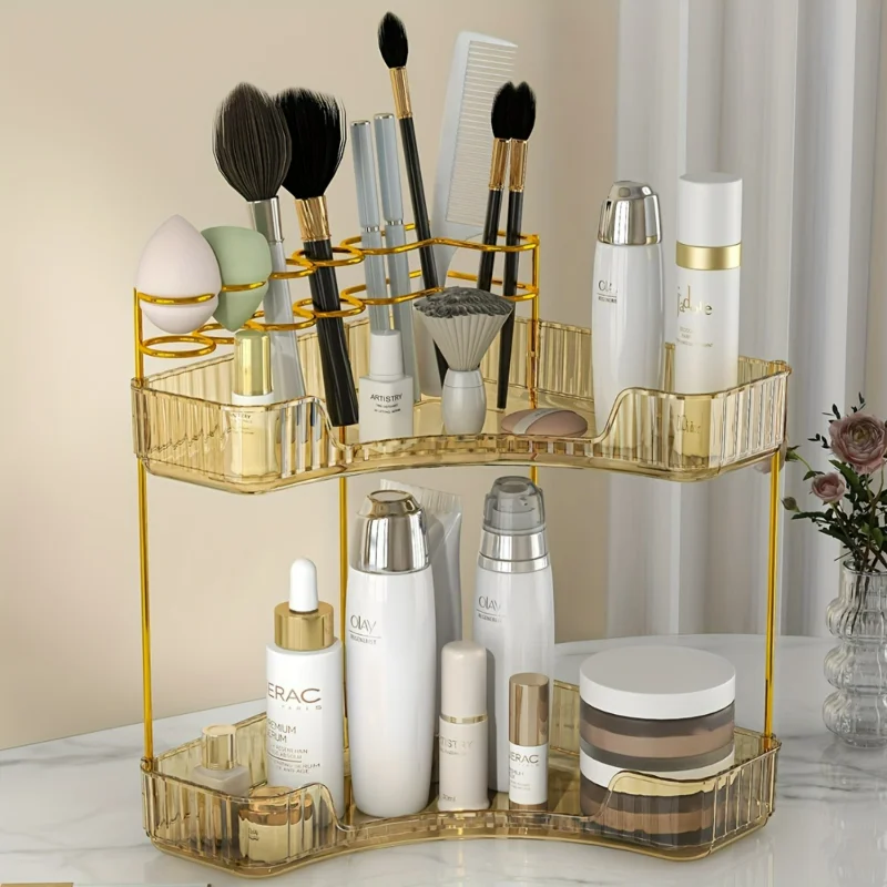 

Transform your bathroom vanity with this deluxe, space-saving 2-tier corner cosmetic shelf organizer. Effortlessly elevate your