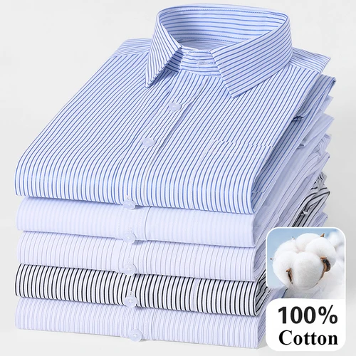 Imagen 2 del producto Camisas clásicas a rayas de Color sólido 8XL para hombre, camisa Formal de manga larga para oficina y negocios, camisa de manga larga 100 algodón blanco y azul para hombre
